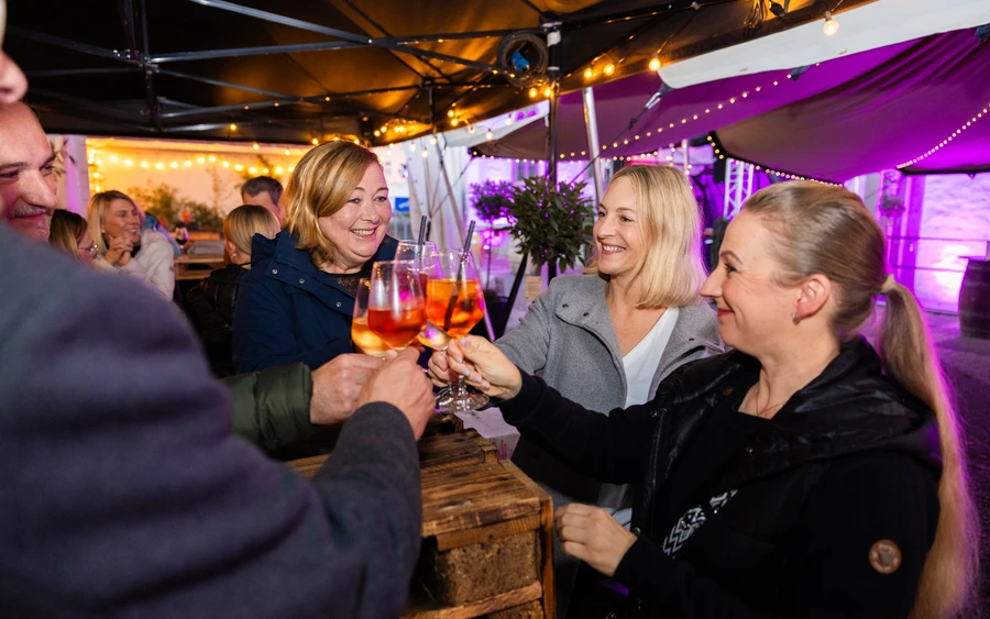 Freunde stoßen an in der Weinbar auf der Herbstwoche