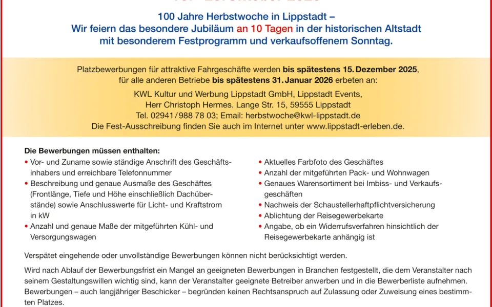 Ausschreibung - Herbstwoche Lippstadt 2026